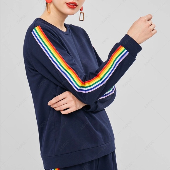 Zaful Tops - Navy Blue Pullover Sweatshirt with Rainbow Striped Ribbon Panels on the Arms NWT
